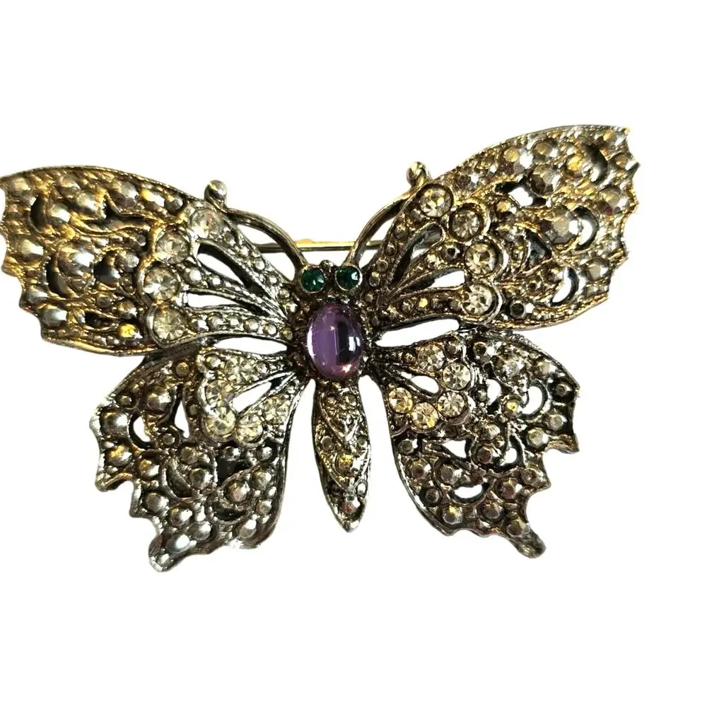 Vintage Butterfly Brooch Green Purple Rhinestone Faux Marcasite Cabochon Belly